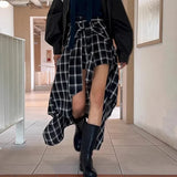 Vevesc Fashion Vinage Black Plaid Skirts Y2k E-Girl High Waist Lace Uo Skirt for Women New Irregular All-match Faldas Mujer