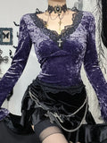Vevesc Vintage Palace Style Velvet Dress Women Aesthetic Fairycore Grunge Mall Gothic Lace Patchwork Long Sleeve Crop Tee Tops
