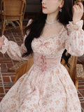 Vevesc Spring Pink Floral Elegant Dress Women Bandage Lace Print Sweet Vintage Dress Puff Sleeve Kawaii Dress Women Princess Fairy