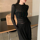 Vevesc Vintage Mesh Long Sleeve Black T-shirts Summer New O-neck Patchwork Tops Women Y2k Slim Fit Thin See Through Blusas Mujer