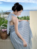 Vevesc Spring French Vintage Party Long Dress Women Blue Plaid Sexy Chic Causal Dress Female V-neck High Waist Elegant Dress