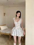 Vevesc  Scrawl Cat Print Ruffles Kawaii Short Dress 2025 Woman Summer V Neck Tunics Cute Mini Bud Dress Young Clothing
