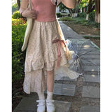 Vevesc Irregular Bow High Waist Sweet Y2k Women Summer Ruched A-Line Skirt Loose Drawstring Mori Girl Style Korean Floral Print Skirts