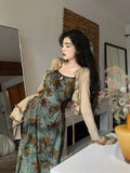 Vevesc Elegant Vintage Green Floral Print Camisole Dresses+ Y2k Long Sleeve Sun Protection Coat Women Oversize New Two Piece Sets