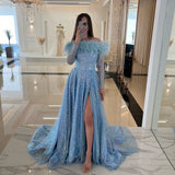 Vevesc Eye Catching Sparkle Blue Lace Split Evening Dresses With Feather Details Elegant FullSleeves A-line Ling Party Dresses