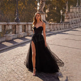 Vevesc 2024 Elegant Black Tulle Evening Dresses With Slit A-Line Spaghetti Zippper Back Sweep Train Prom Dress Party Dresses for Women