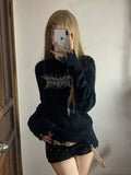 Vevesc Gothic Black Y2k Knitted Pullover Women Punk Harajuku Graphic Sweaters Grunge Solid Long Sleeve Pullovers Streetwear