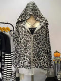 Vevesc American Retro Leopard Print Hooded Sweatshirt Autumn Winter New Loose Coat Women Y2k Long Sleeve Zipper Tops Mujer