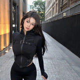 Vevesc Skinny Stand Collar Irregular T-shirts Spring New Long Sleeve Black Tee Shirt Y2k E-Girl Crop Top Slim Fit Tops Women