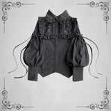 Vevesc Lolita Style Black Camisa Long Lantern Sleeve Women Shirts Vintage Bandage Ruffled Elegant Chemises Femme Bottoming Y2k Lace-up