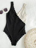 Vevesc Black Splicing Swimwear Sexy Ribbed Scalloped High Cut One Piece Bathing Suits Fashion Summer Beach Women Bodysuit Swimsuit