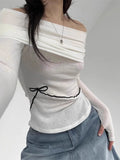 Vevesc Autumn Sexy Y2k Aesthetic Vintage T-Shirts Streetwear Off Shoulder Slim Tshirts Harajuku Bow Patchwork Bottoming Crop Tops
