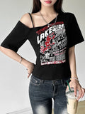Vevesc  Single Shoulder Graphic T Shirts For Women Streetwear Hollow Out Y2k Clothes Short Sleeve Crop Top Ropa De Mujer Slim Camisetas
