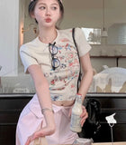 Vevesc Fashion Printed Graffiti Short Sleeved T-shirts 2024 Summer New Slim Fit Tops Women Y2k E-Girl O-neck Cotton Tee Shirt
