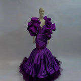 Vevesc Real Image Dark Purple Mermaid African Evening Dresses With Handmade Flower Details Puffy Sleeves Nigerian Long Evening Gowns