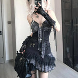 Vevesc Fashion Harajuku High Street Sexy Sling Dress Punk Japan Y2k Aesthetic Patchwork Lace Gothic Girl Clothing Tiered Slim Colithes