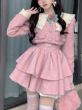 Vevesc Pink French Vintage Two Piece Set Women Japanese Kawaii Bow Sweet Dress Suit Female Autumn Korea Elegant Coat ＋ Cute Strap Dress