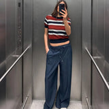 Vevesc  new women's clothing casual elegant design sense European and American style retro striped knitted short sleeved shirt