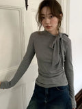 Vevesc Women Vintage Y2k Aesthetic T-shirts Streetwear Bow Bottoming Grunge Fairy Tshirts 2024 Spring Half Harajuku Solid Simple Tees