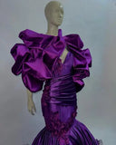 Vevesc Real Image Dark Purple Mermaid African Evening Dresses With Handmade Flower Details Puffy Sleeves Nigerian Long Evening Gowns