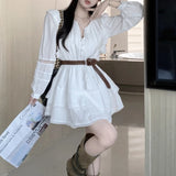 Vevesc Streetwear Loose Casual Hollow Long-sleeved Dress Women 2024 Spring New Korean V-neck Lace-up White Mini Dress with Belt