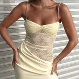 Vevesc  Lace Spaghetti Straps Long Dress Fashion Sleeveless Backless Lace Patchwork Slit Dresses Women Summer New Party Dresses