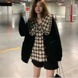 Vevesc Elegant Korean Peter Pan Collar All Match Plaid Blouse Autumn Winter Y2k American Vintage Cardigan Fashion Popular Two Piece Set