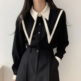 Vevesc Elegant Vintage Edge Piping Peaked Collar Shirts Women Spring Loose Puff Sleeve Blouses Simple Single Breasted Tops