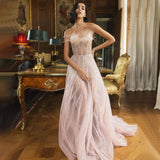 Vevesc Pink A-Line Strapless Sexy Evening Dresses Customized OEM/ODM Party Gowns Luxury Feather Beaded For Women