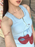 Vevesc  Cherry Graphic Print Crop Top Tank Women Summer Vest T Shirt e-girl harajuku fairycore 2000s y2k grunge aesthetic korean clothes