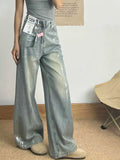 Vevesc Grey Jeans Women 90s Vintage Personality High Waisted Straight Trouser Streetwear Casual Loose Girl Wide Leg Classic Denim Pants