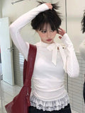 Vevesc White Bow Lace Up Sweater for Women Autumn Winter New Bottoming Knitted Pullover Thin Long Sleeve Slim Fit Tops Mujer