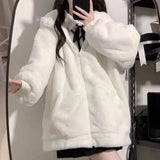 Vevesc  Women Zip Hoodie Thicken Fuzzy Fleece Sweatshirts Harajuku Bear Ear Oversize White Coats Cute Soft Winter Outerwear New