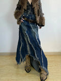 Vevesc Women Denim Skirt Y2k Emo 2000s Clothes Long Skirt Harajuku Korean 90s Fashion Vintage Gradient A-line Jean Skirt Grunge Clothes