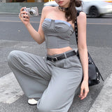 Vevesc 2 Piece Sets Womens Outfits Sexy Patchwork Irregular Tank Tops Hollow Micro Flap Pants Set Y2k Streetwear 00s Pants Suit