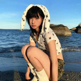 Vevesc 2024 New Star Print T-shirts Kawaii Rabbit Ears Hoodie Tops Women Y2k E-Girl Crop Top Slim Fit Short Sleeve Tee Shirt Tanks