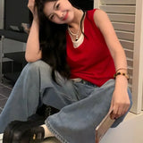 Vevesc Red Vest Fake Two Piece Korean Fashion Clothing Summer New All-match Tank Top Y2k E-Girl Sleeveless Knitted Tops Women