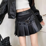 Vevesc Vintage Pleated Leather Skirt Women Y2k Gothic Mini Skirts Punk Korean Style Retro Solid Grunge Short Skirts Streetwear