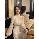 Vevesc Elegant Midi Dress Women Fairy Bandage A Line Dresses Party Prom Korean Fashion Lantern Sleeve Bodycon Chic Vestidos New