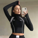 Vevesc Harajuku Stripe Stitch Skinny Autumn Tee T-shirt Women Moto&Biker Style Invisible Zipper Crop Top Sporty Stand Collar