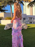 Vevesc Tierred Ruffles Flower Print Sling Maxi Dress Fashion Bohe Sleeveless Bodycon Vestidos Female New Beach Holiday Long Robe