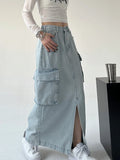 Vevesc Women A-line Denim Skirt Vintage Aesthetic Y2k Long Cowboy Skirt Harajuku Korean Jean Skirt with Slit 2000s Clothes