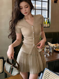 Vevesc Summer Korean Fashion Retro Two Piece Set Women Elegant Party Mini Skirt Set Female Bodycon Casual Tops+Pleated Skirt Suit