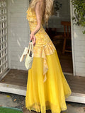 Vevesc  Holiday Style Yellow Flora Prints Women Dress Summer Fashion Design Irregular Ruffles V-Neck Short Frock