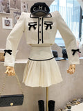 Vevesc Small Fragrance Tweed 2 Piece Set Women Bow Short Jacket Coat + Skirt Suits Korean Sweet Outfits French Vintage Two Piece Sets