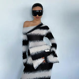 Vevesc Black And White Striped Asymmetrical Dress One Shoulder Long Sleeve Maxi Dresses Fall 2024 Fashion Women Y2K Outfits