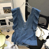 Vevesc  French Chic Y2k Vest Shirts V Neck Sleeveless Ruffles Backless Lace Up Denim Blouses Summer 2000s Harajuku Design Girl Clothing