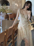 Vevesc 2024 Spring And Summer Sweet Flying Sleeve Floral Halter Dress Female Design Sense Holiday Wind Fairy Print Long Dress