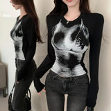 Vevesc American Slim Fit T Shirts O Neck Long Sleeve Spliced Vintage Print Gothic Women Clothing Y2k Aesthetic All Match Tees