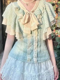 Vevesc  Summer Vintage Sweet Skirt Set Lace Splicing Bow Slim Fit Ruffle Sleeve Top Cake Mini Skirt Two Piece Set Women Outfits